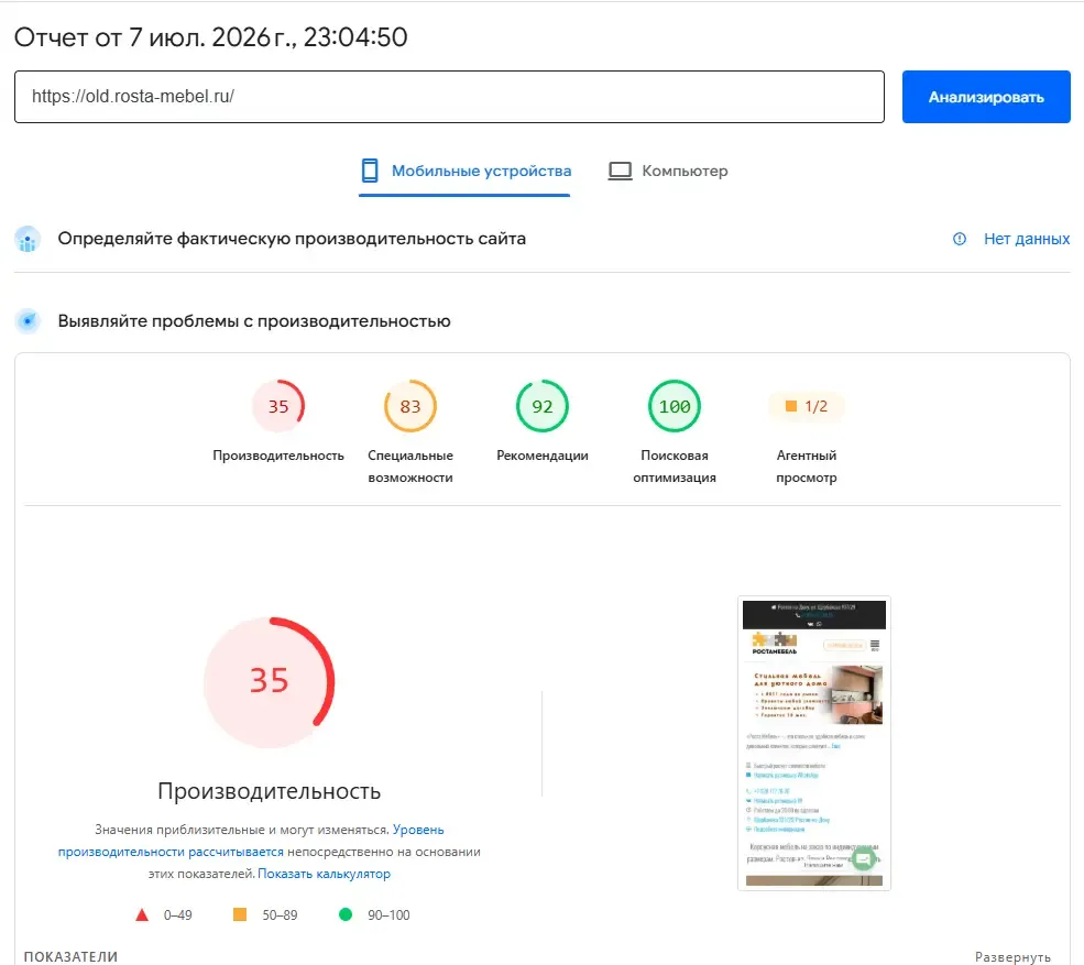 PageSpeed Мобильные Старый