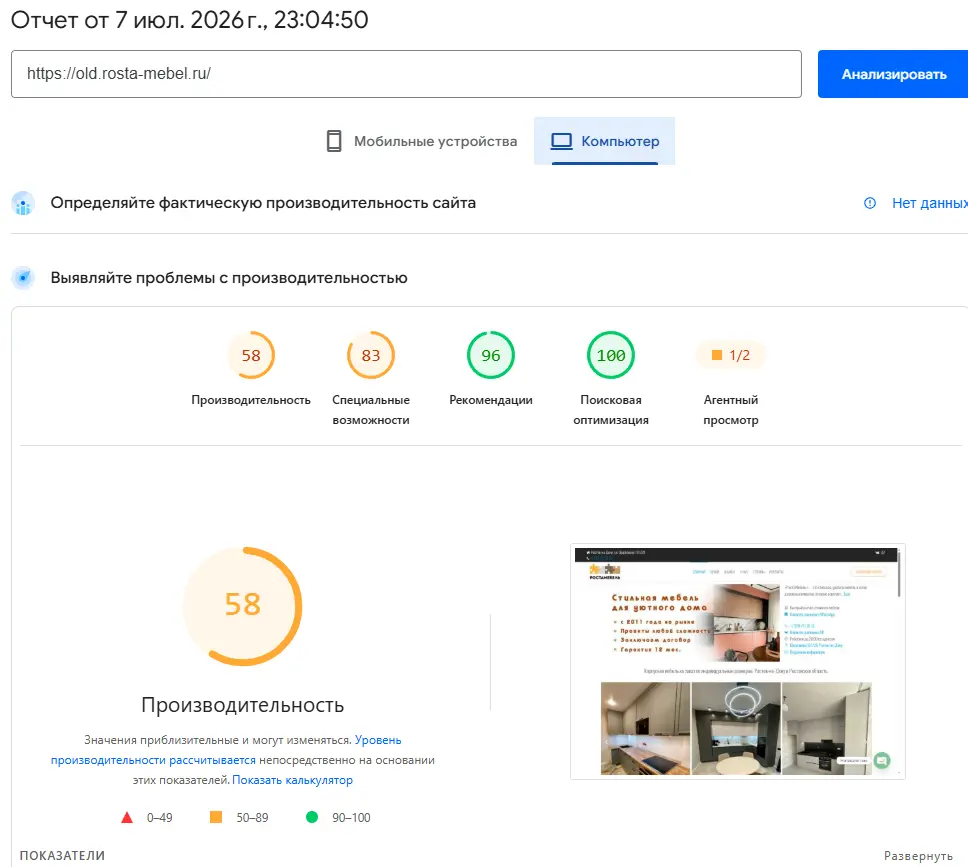 PageSpeed ПК Старый